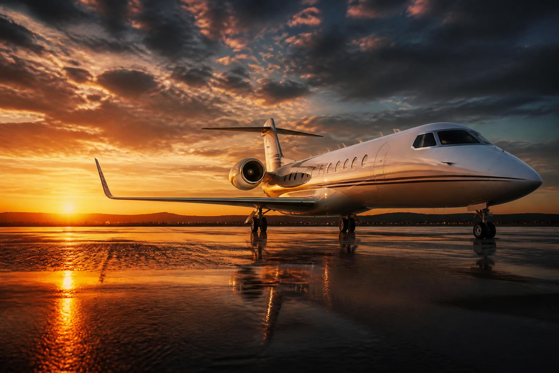 Private jet on the runway at dusk